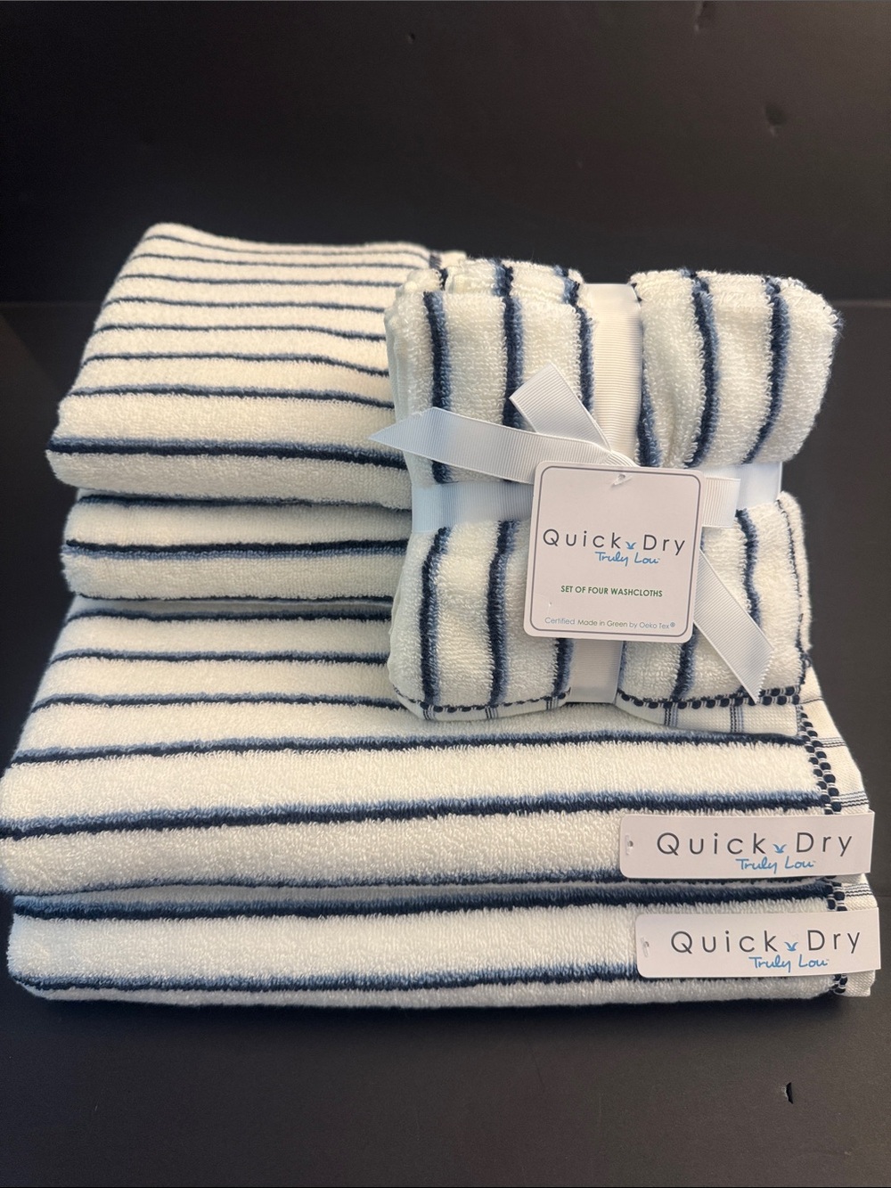 TRULY LOU Quick Dry Striped 8pc Zero Twist Cotton Bath Towel Set - Navy/White